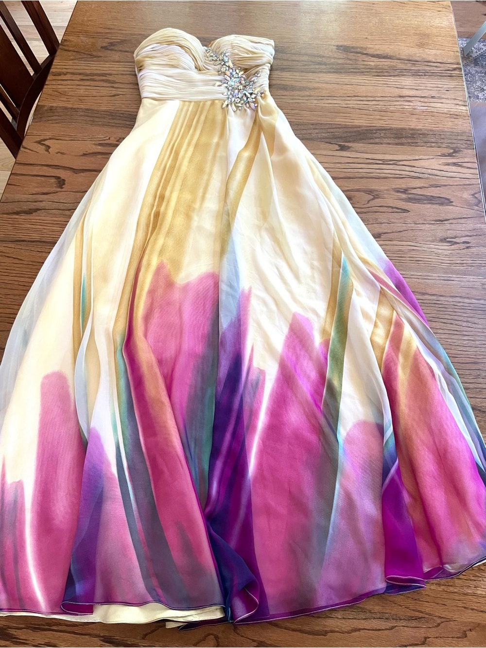 Strapless Beaded Ombre Watercolor Formal Evening Dress - Yellow Multicolor Sz 6 - Picture 12 of 13